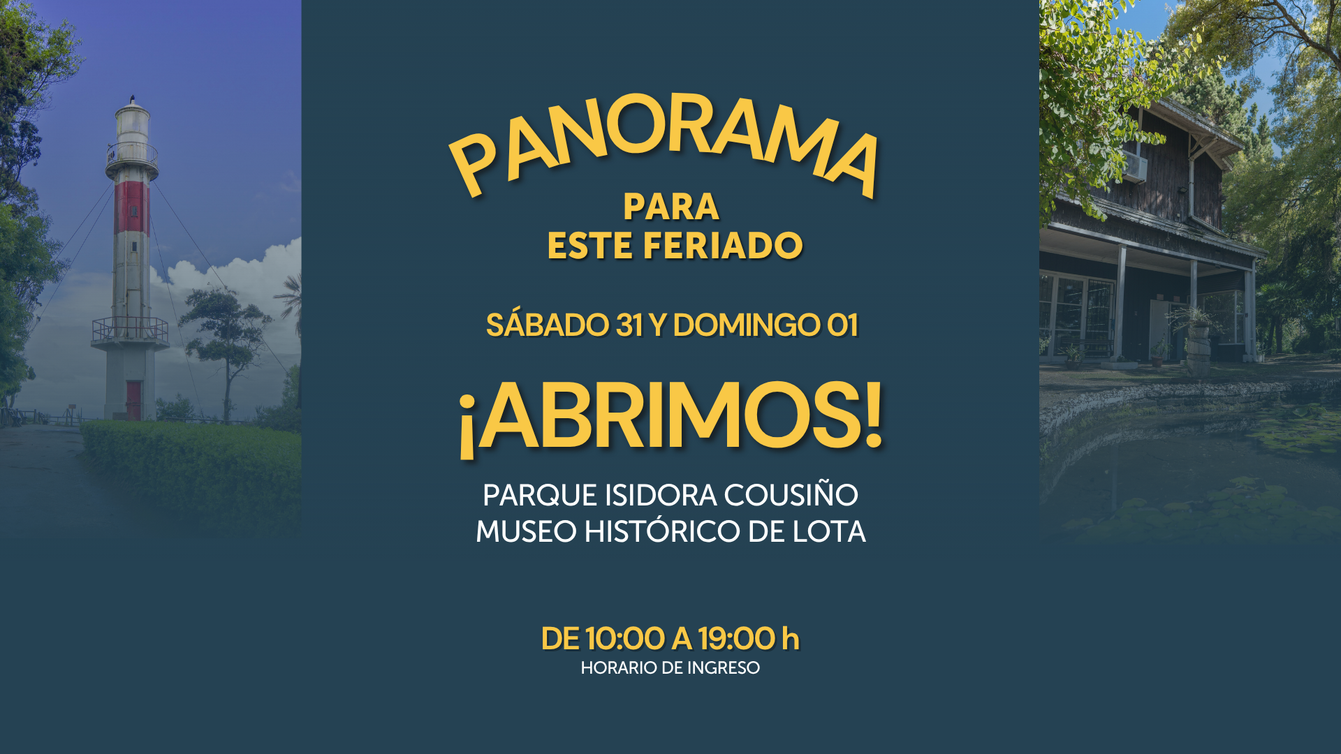 Panorama para este feriado: sábado 31 y domingo 01 abrimos el Parque Isidora Cousiño y el Museo Histórico de Lota. Horario de ingreso de 10:00 a 19:00 h. Ver publicación en Instagram (abre en otra pestaña).
