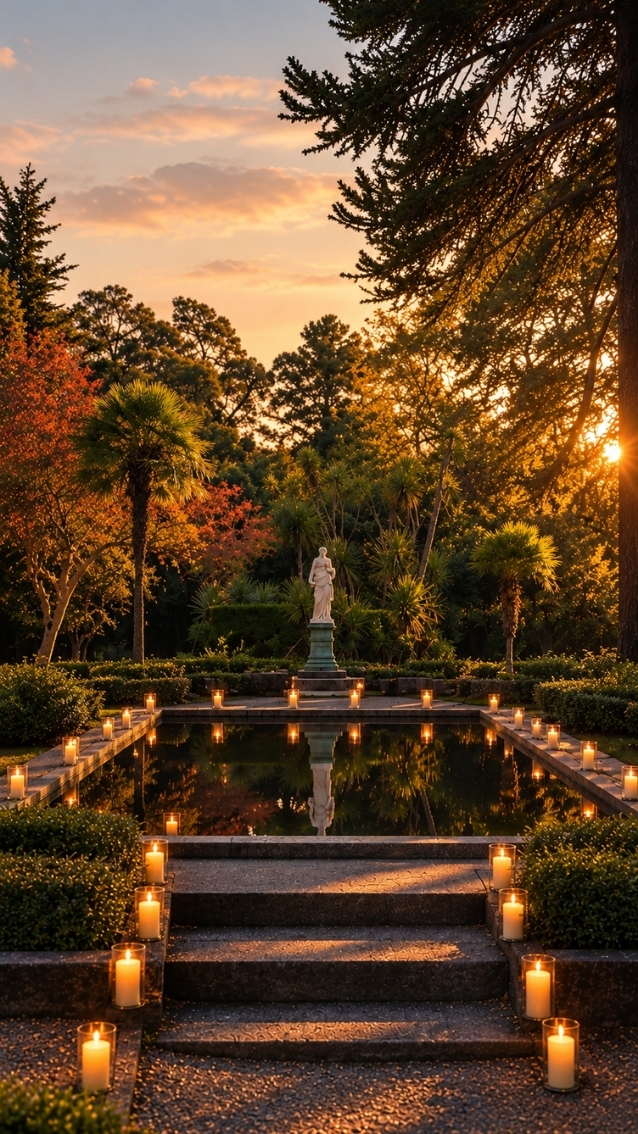 Estatua y espejo de agua rodeado de velas al atardecer en el Parque Isidora Cousiño